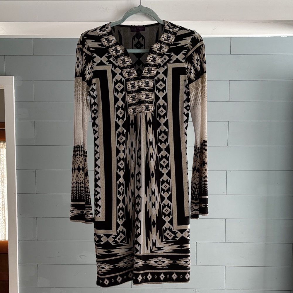 Hale Bob Black and Cream Tribal Long Sleeve‎ Dress